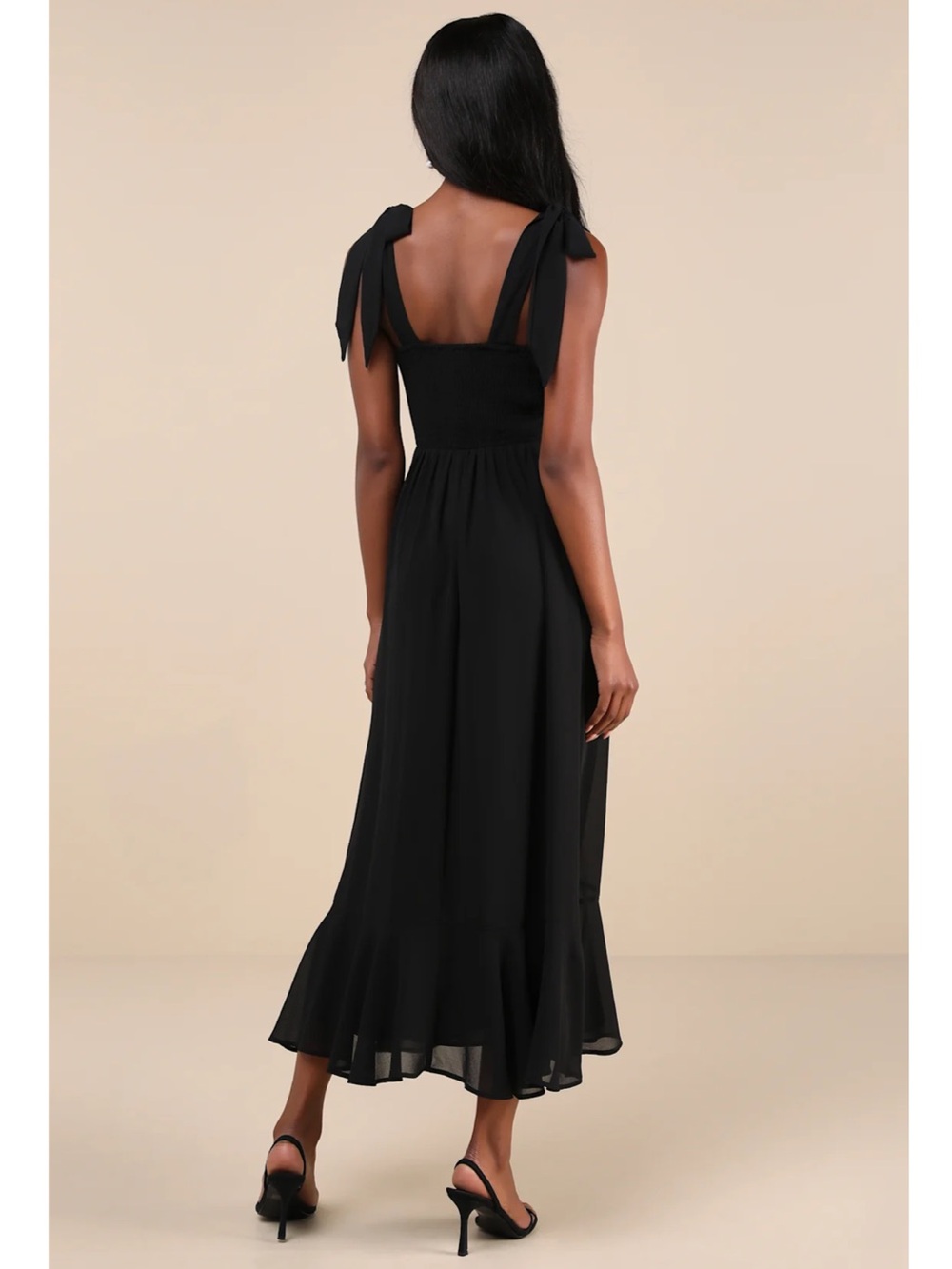 Lulus Summer Invite Black Tie-Strap Tiered Chiffon Midi Dress Small NWT - Picture 2 of 14